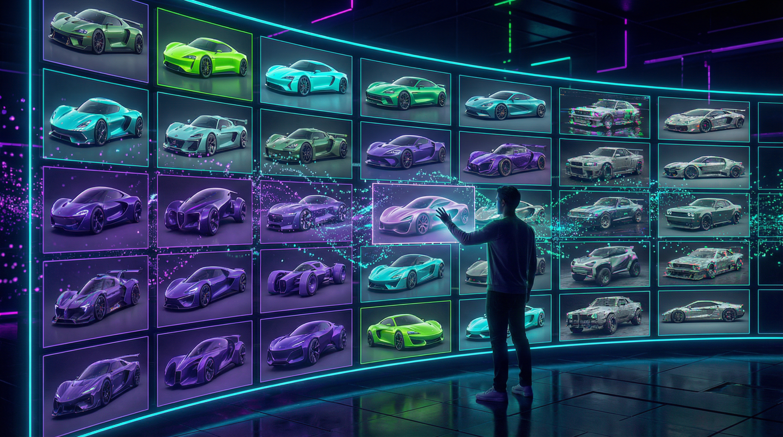 Galeria holográfica de designs de carros gerados por IA mostrando diversidade estruturada com opções variadas