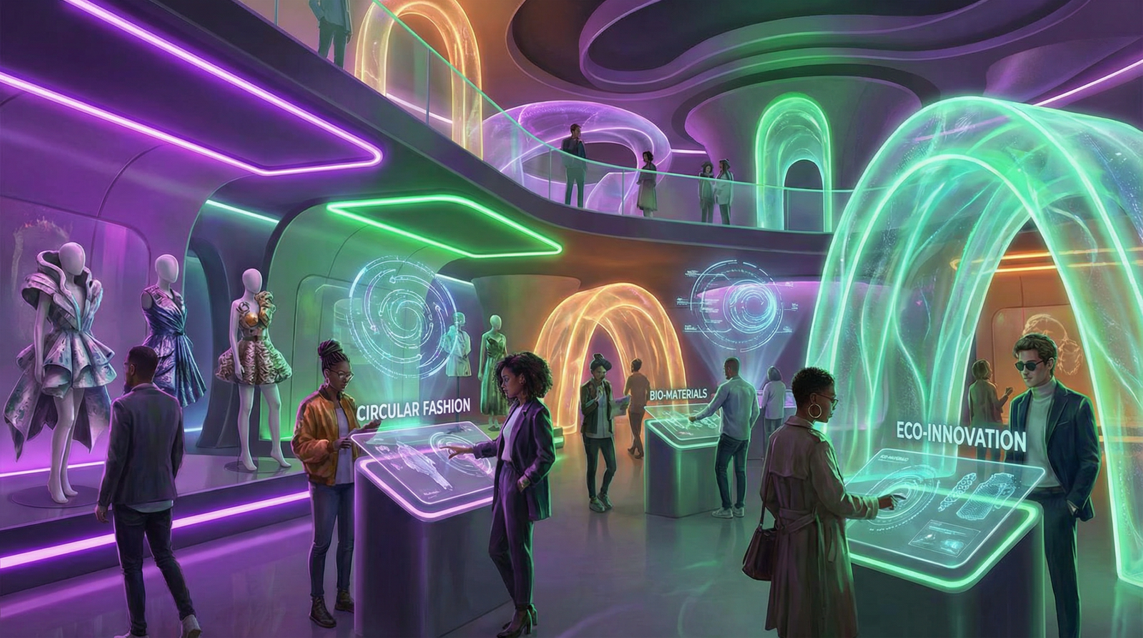 Espaço imersivo de exposição de moda sustentável e design circular com visitantes interagindo