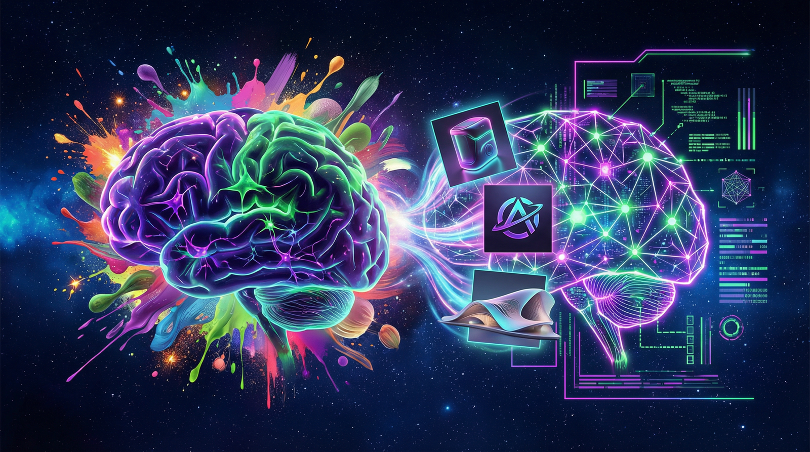 Ilustração futurista da sinergia entre criatividade humana e inteligência artificial no design