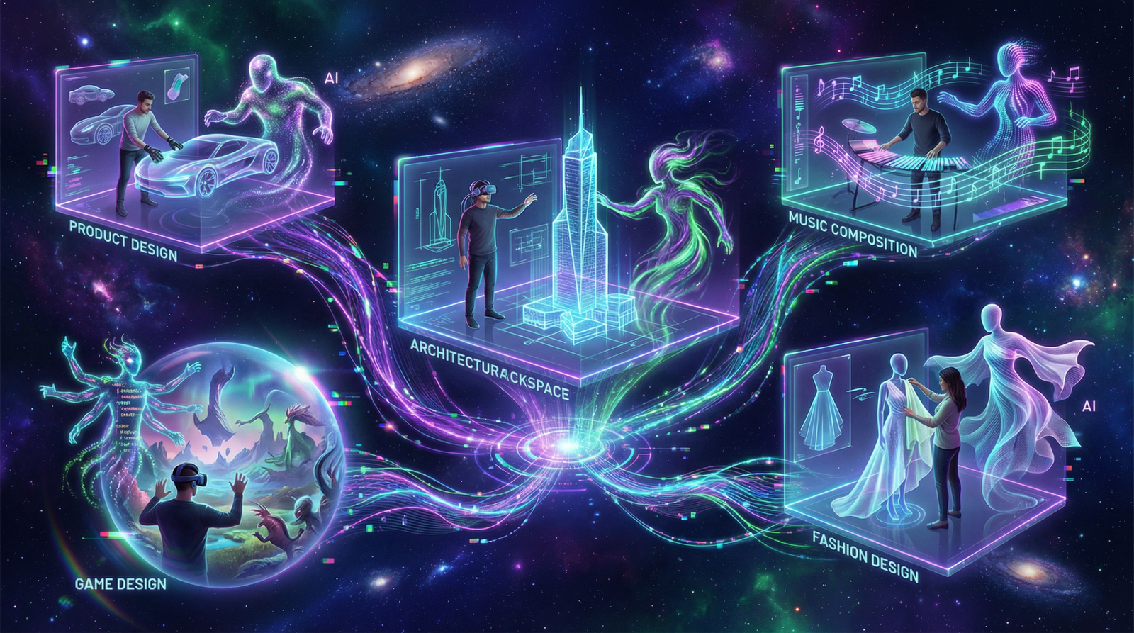Visualização futurista de múltiplas disciplinas de design com colaboração humano-IA em ambiente cósmico
