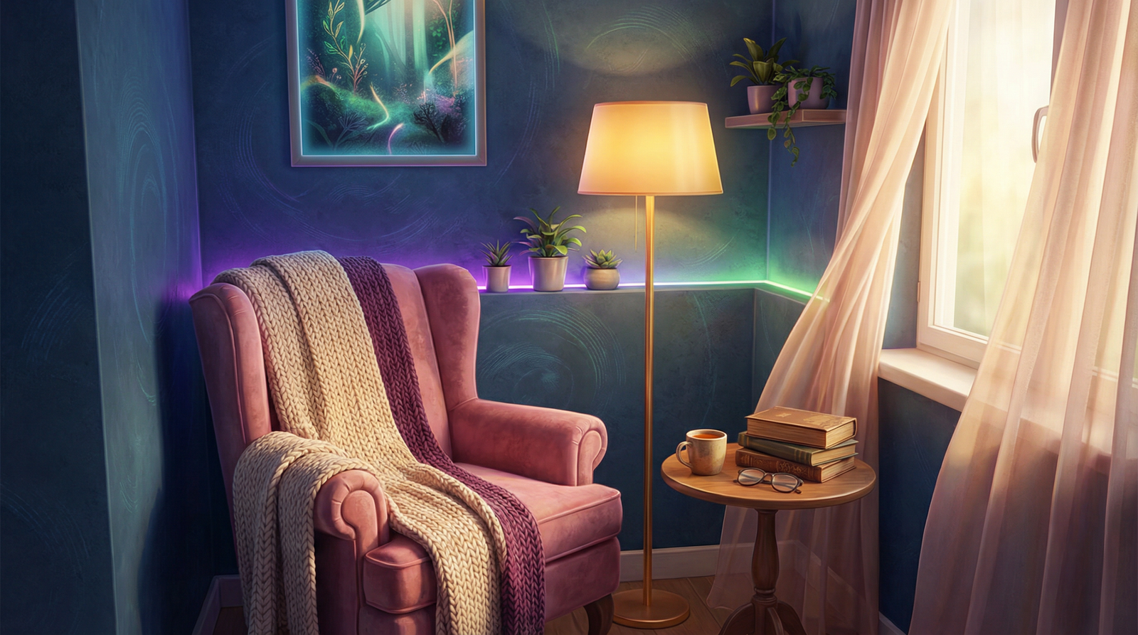 Cantinho de leitura aconchegante com poltrona rosa vintage, paredes moody blue e iluminação quente