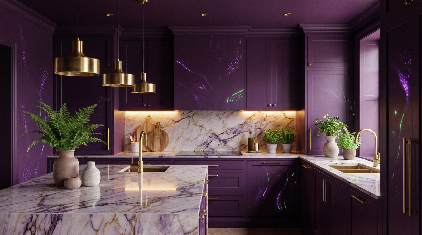 Cozinha com técnica de color drenching em tom berinjela, mostrando a tendência de imersão total na cor no design de interiores 2026