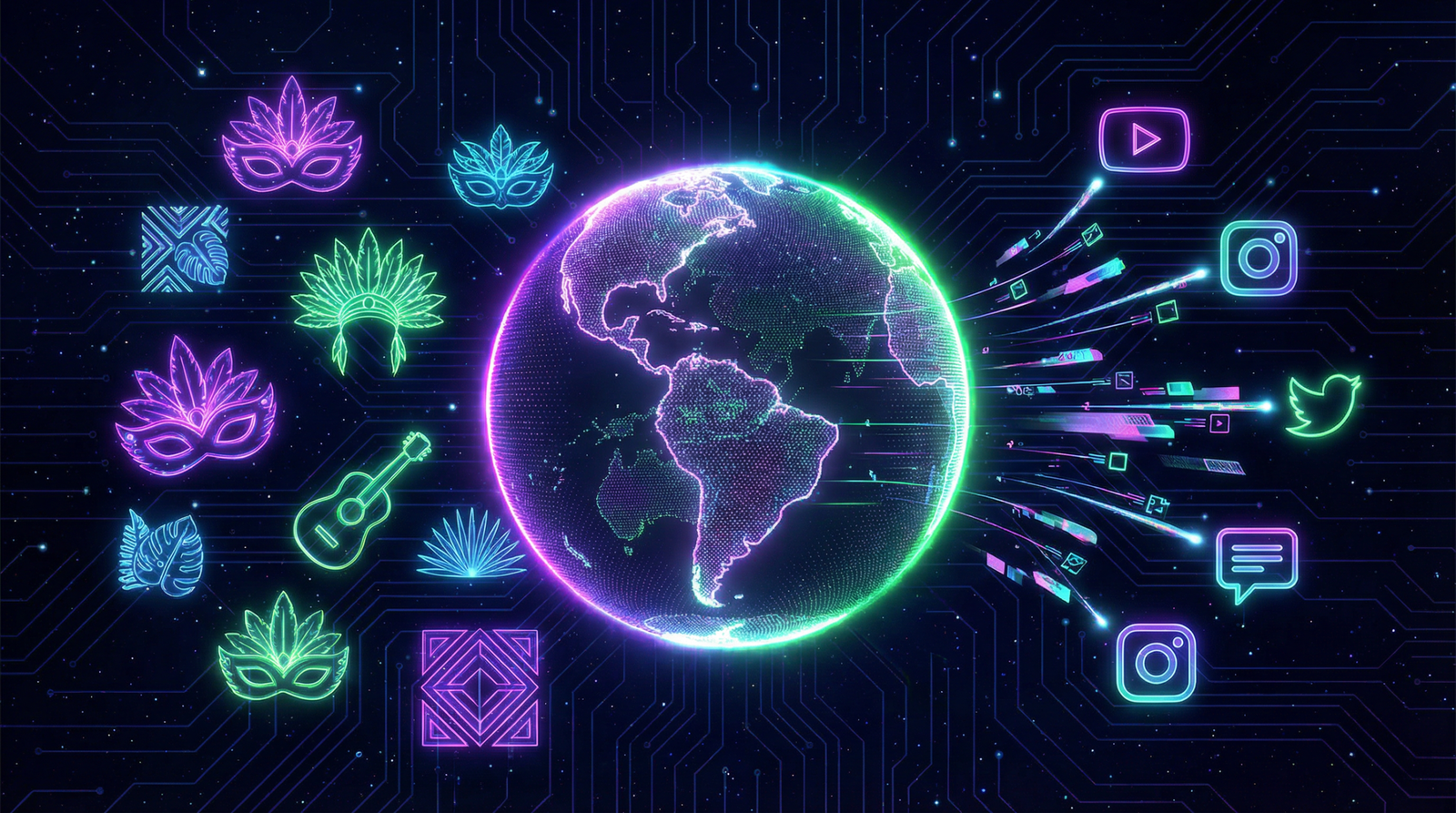 Marketing cultural e hiperlocalização representados por globo holográfico centrado no Brasil