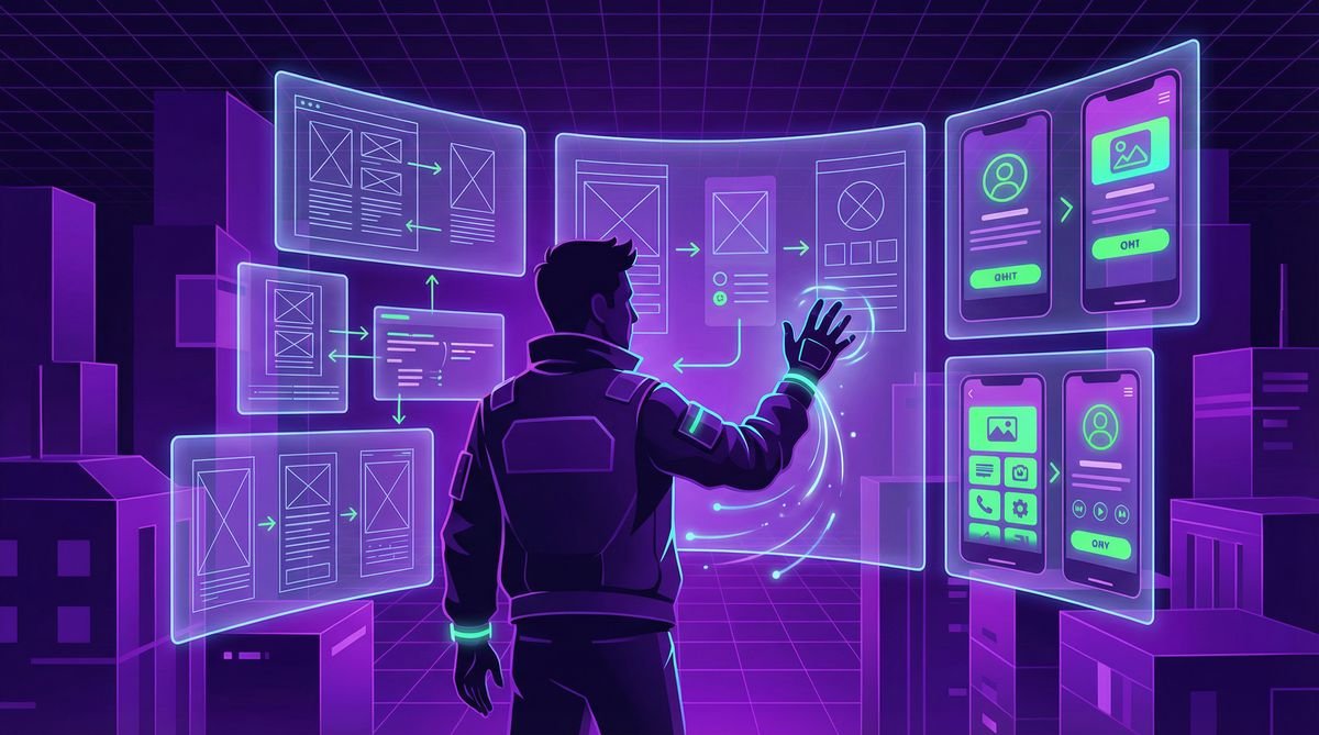 Designer interagindo com interfaces holográficas de UX e UI design digital