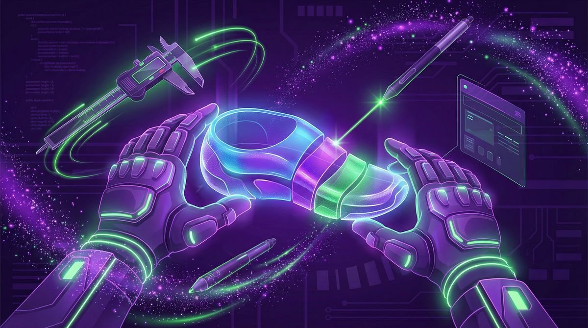 Designer criando protótipo holográfico de produto físico com foco em ergonomia