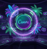 Conceito futurista de marketing digital do Canva no Brasil com tons de roxo e verde neon
