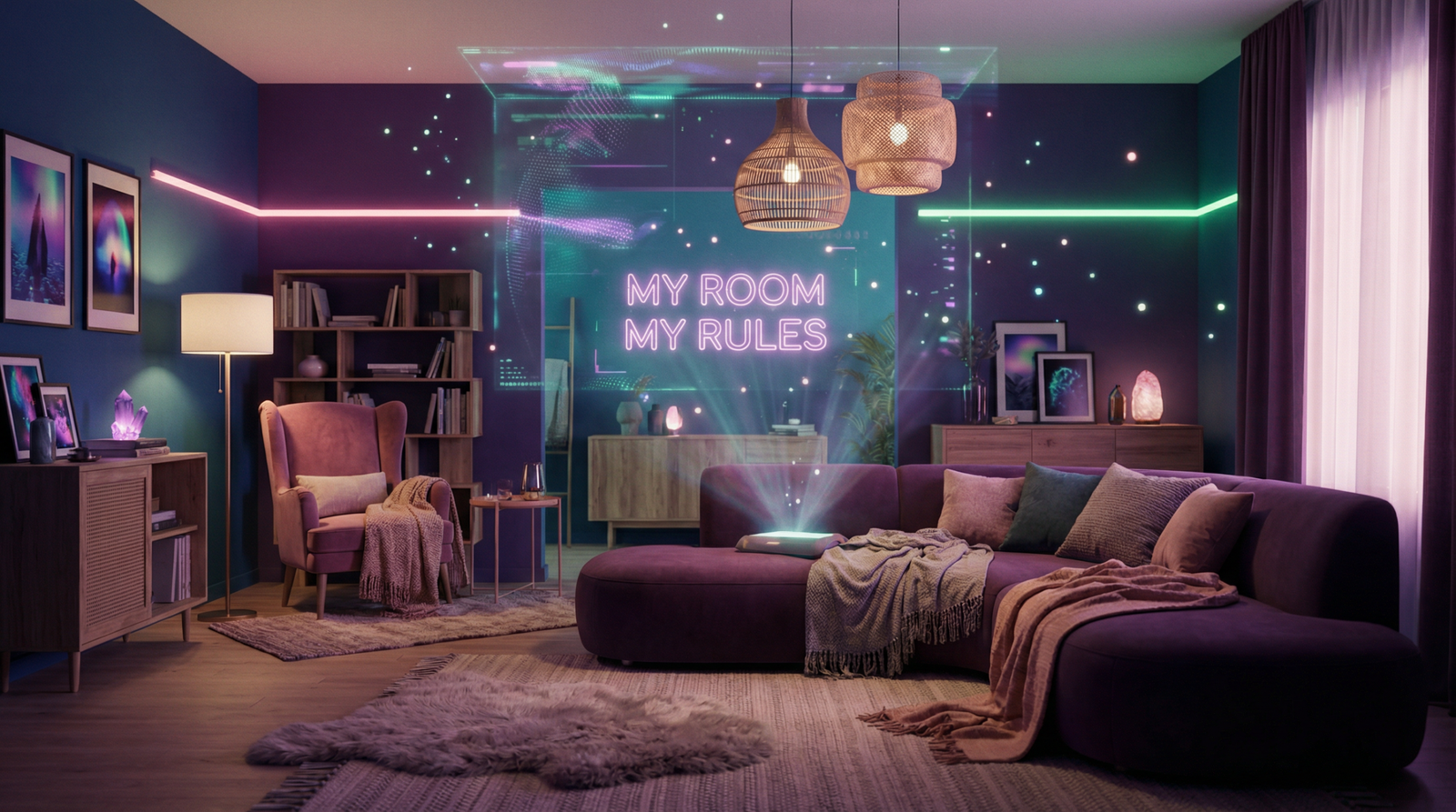 Sala de estar futurista com personalização sensorial, cores expressivas em tons de roxo e verde, letreiro neon My Room My Rules