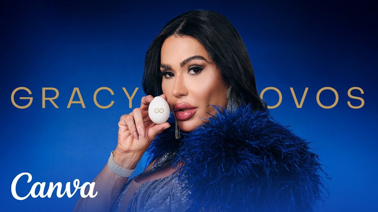 Campanha GracyOvos do Canva com Gracyanne Barbosa segurando ovo com identidade visual da marca