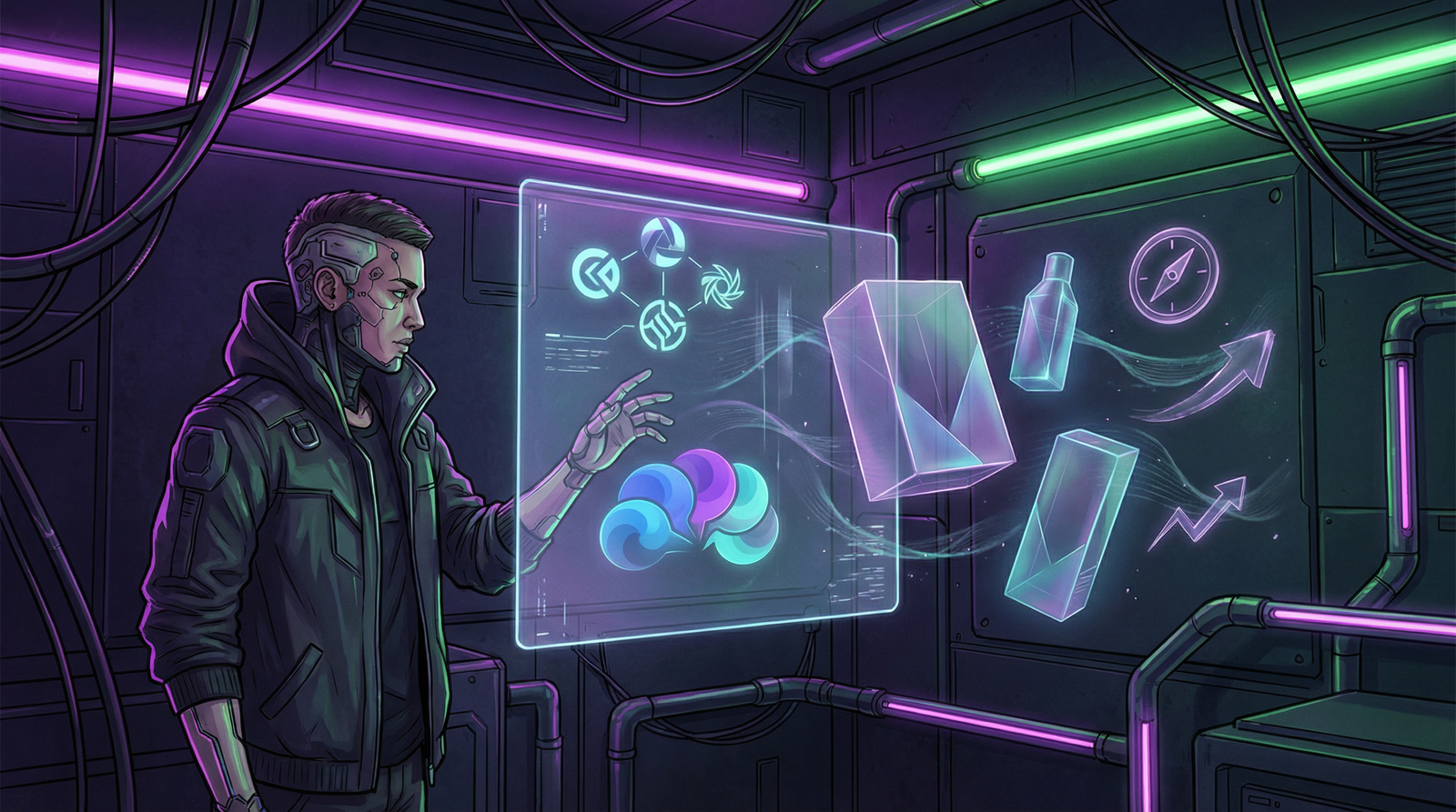 Conceito de produto invisível no marketing mostrando workspace criativo com interface holográfica