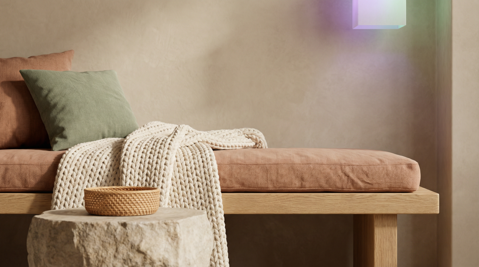 Texturas táteis e materiais naturais em espaço de design sensorial com lã, linho, pedra e madeira