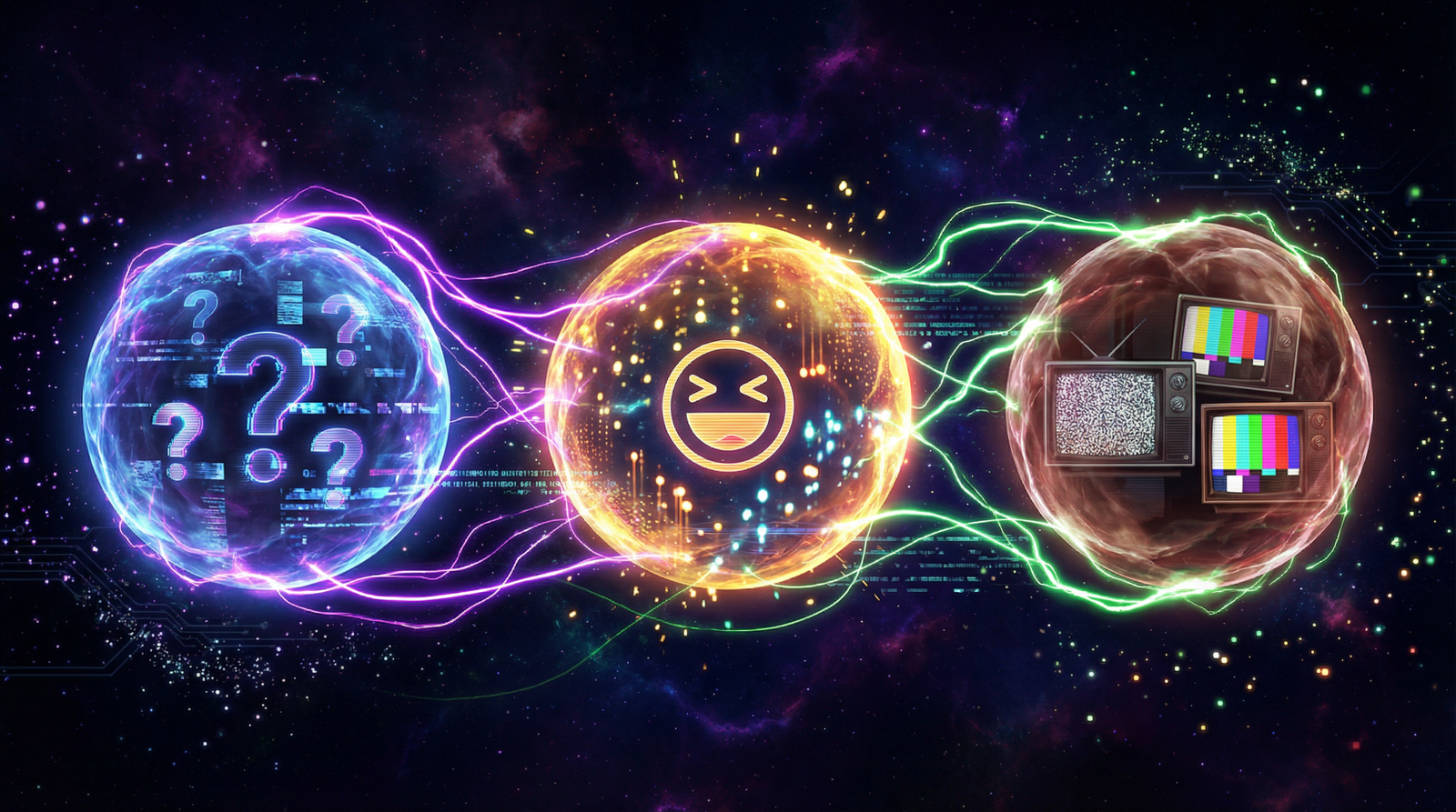 Gatilhos emocionais de viralização: confusão, humor e nostalgia representados por orbes luminosos